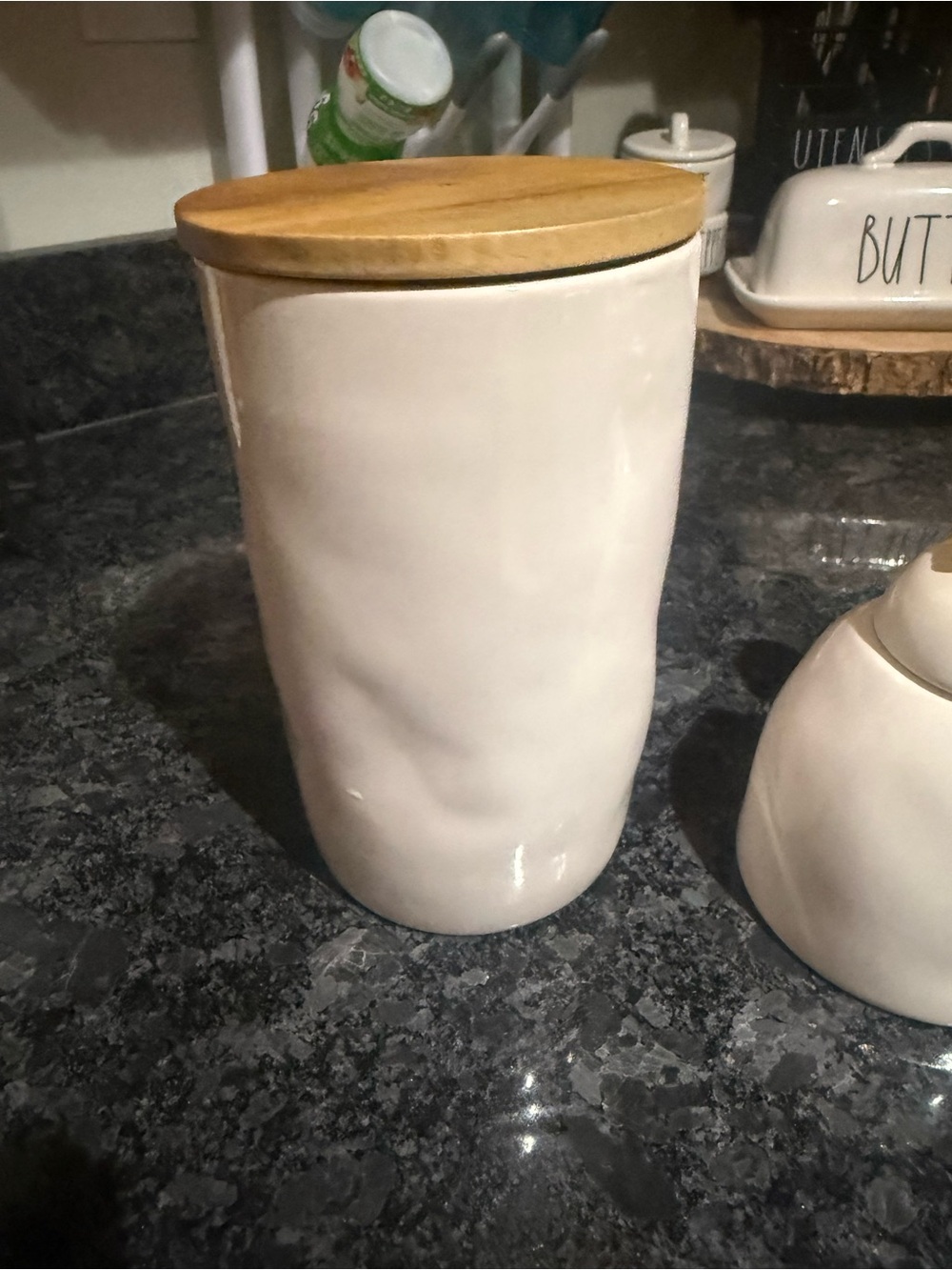 White Ceramic Tea Canister with Wood Lid, Tea mug, Teapot, honey w/ wood spoon. - Picture 5 of 16